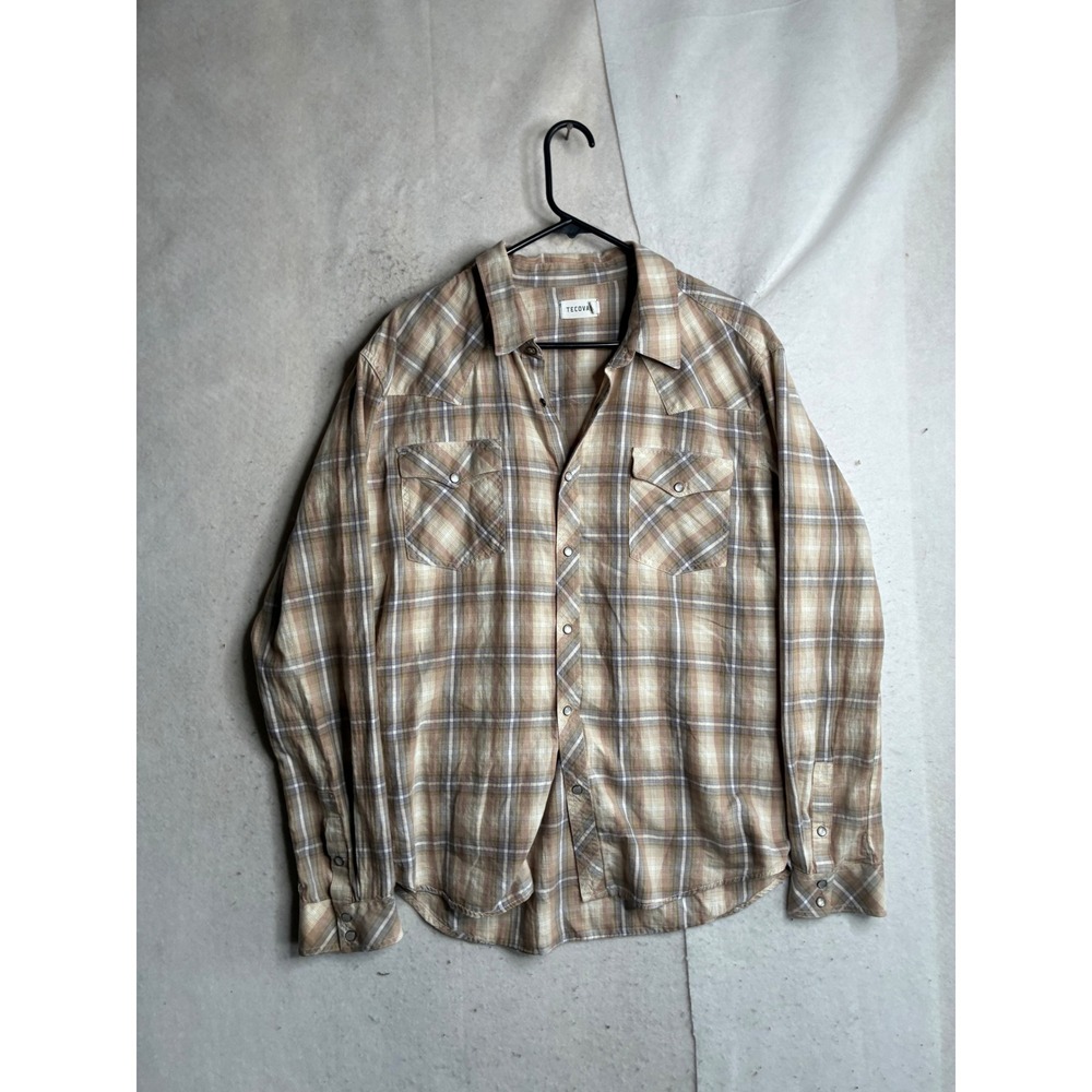 Tecovas Mens XL Plaid Western Pearl Snap Shirt Tan Brown Long Sleeve Yoke Pocket